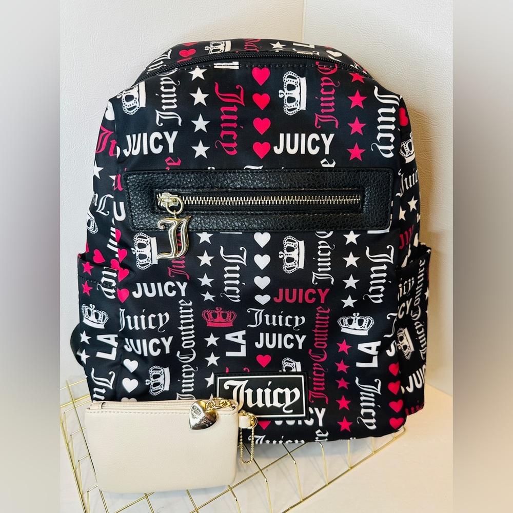 JUICY COUTURE Signature Logo Backpack in Black, Pink, & White with change purse